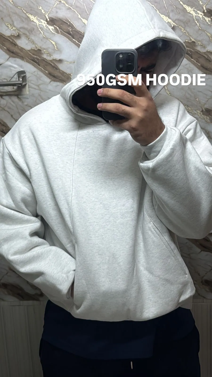 950 GSM hooded sweatshirt — heavyweight construction.